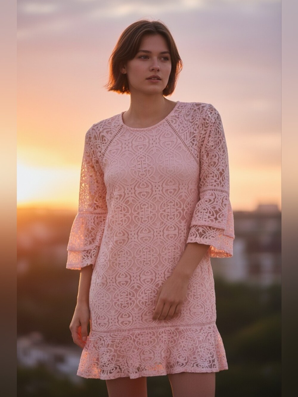 Women’s Pink Lace Bell-Sleeve Dress